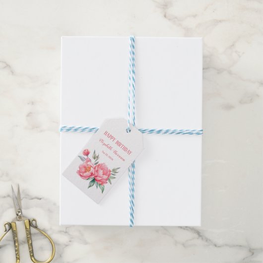 Elegante roze pioen botanische verjaardag brunch cadeaulabel (Met Touw)