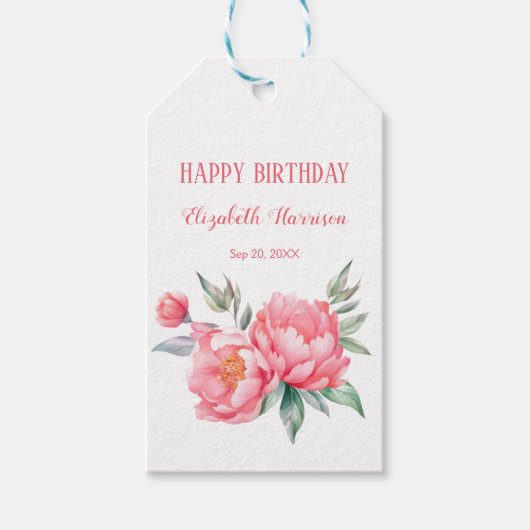 Elegante roze pioen botanische verjaardag brunch cadeaulabel (Voorkant)