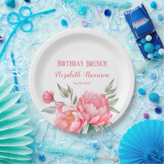 Elegante roze pioen botanische verjaardag brunch papieren bordje (Feest)