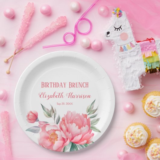 Elegante roze pioen botanische verjaardag brunch papieren bordje (Feest)