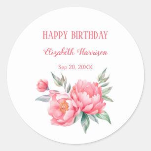 Elegante roze pioen botanische verjaardag brunch ronde sticker