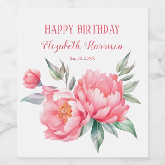 Elegante roze pioen botanische verjaardag brunch wijn etiket (Enkel label)