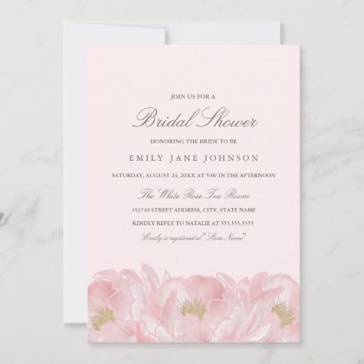 Elegante roze pioen bruids douche uitnodiging (Voorkant)