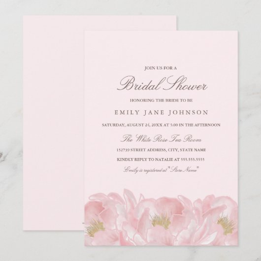 Elegante roze pioen bruids douche uitnodiging (Voorkant / Achterkant)