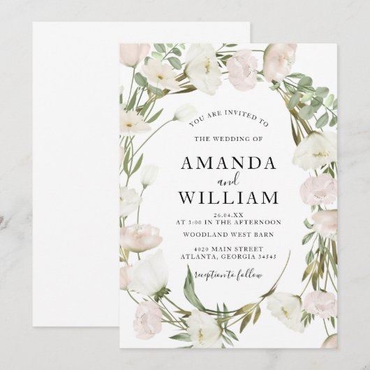 Elegante roze pioen bruiloft kaart (Voorkant / Achterkant)