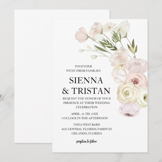 Elegante roze pioen bruiloft kaart (Voorkant / Achterkant)