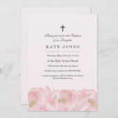 Elegante roze pioen doop uitnodiging (Voorkant / Achterkant)