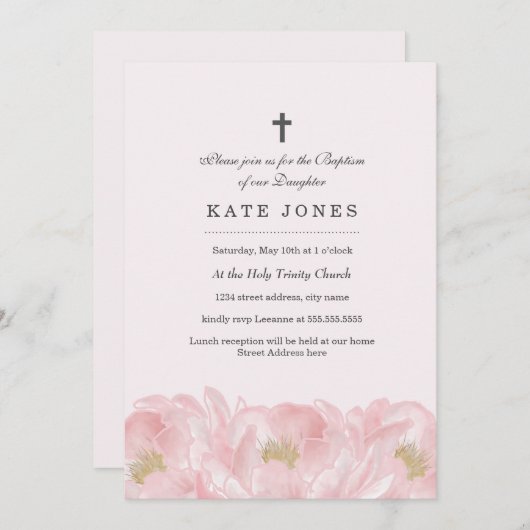 Elegante roze pioen doop uitnodiging (Voorkant / Achterkant)