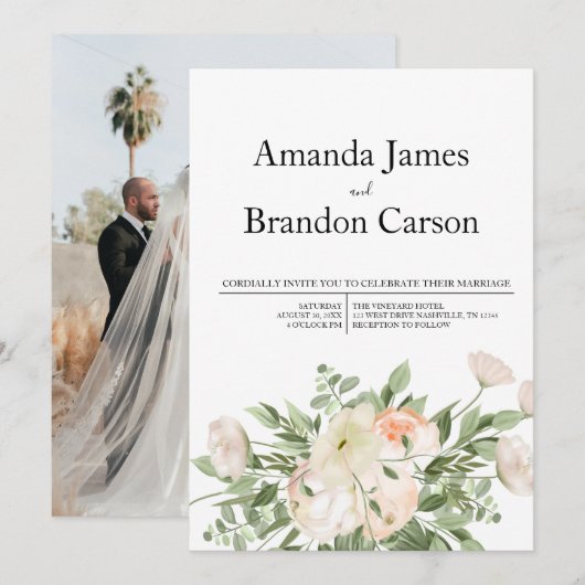 Elegante roze pioen foto bruiloft kaart (Voorkant / Achterkant)