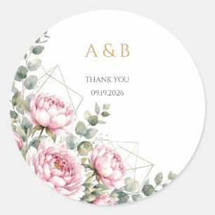 Elegante Roze Pioen Gouden Geometrische Trouw Dank Ronde Sticker