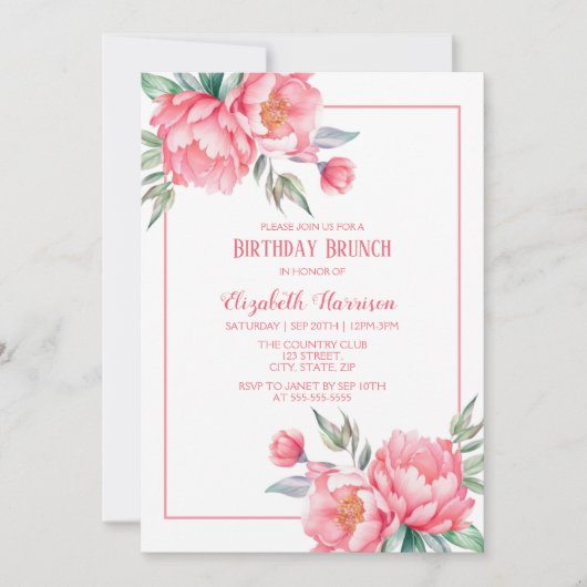 Elegante roze pioen groen verjaardag brunch kaart (Voorkant)