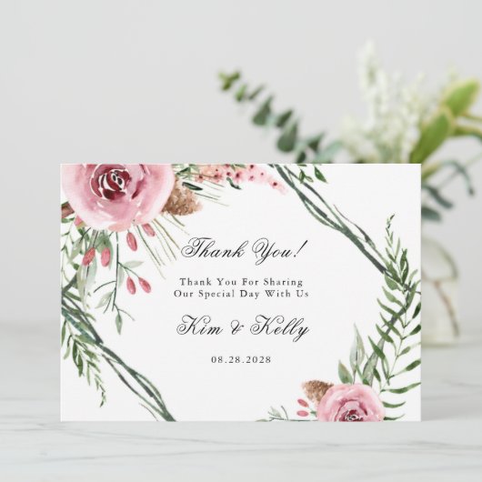 Elegante roze pioen groene varen dank u kaarten (Staand voorkant)