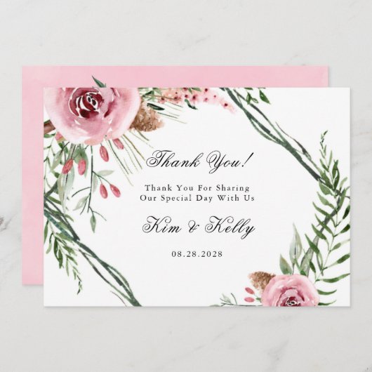 Elegante roze pioen groene varen dank u kaarten (Voorkant / Achterkant)