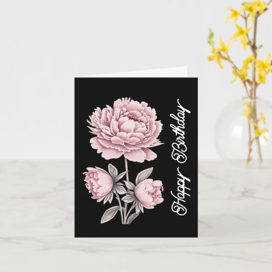 Elegante  roze pioen Happy Birthday Kaart (Gele Bloem)