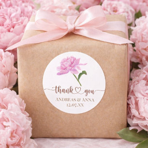 Elegante Roze Pioen Huwelijk Bedankt Ronde Sticker