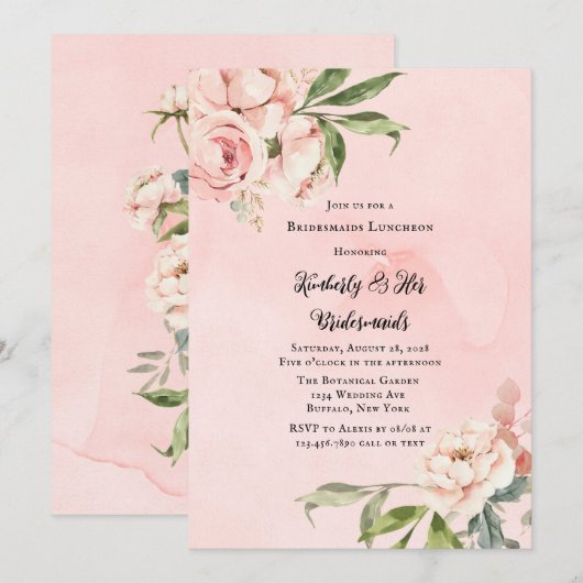 Elegante roze pioen krans bruidsmeisjes lunch kaart (Voorkant / Achterkant)