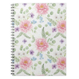 Elegante Roze Pioen & Lavendel Aquarel Bloemen Notitieboek