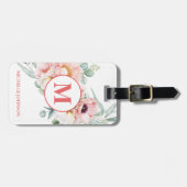 Elegante Roze Pioen met Monogram Bagagelabel (Voorkant horizontaal)