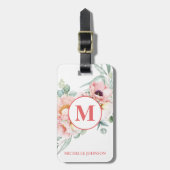 Elegante Roze Pioen met Monogram Bagagelabel (Voorkant verticaal)