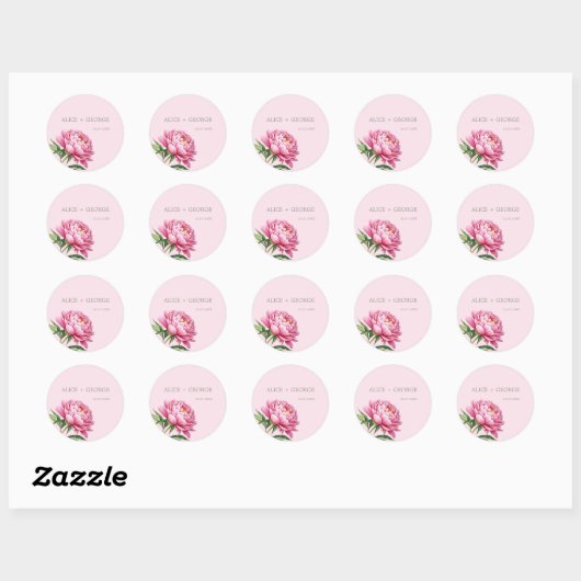 Elegante Roze Pioen Modern Sophisticated bruiloft Ronde Sticker (Vel)