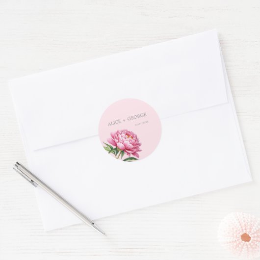 Elegante Roze Pioen Modern Sophisticated bruiloft Ronde Sticker (Envelop)