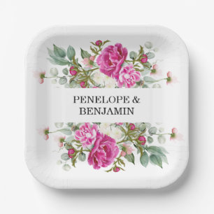 Elegante Roze Pioen Monogram Bruiloft Papieren Bordje
