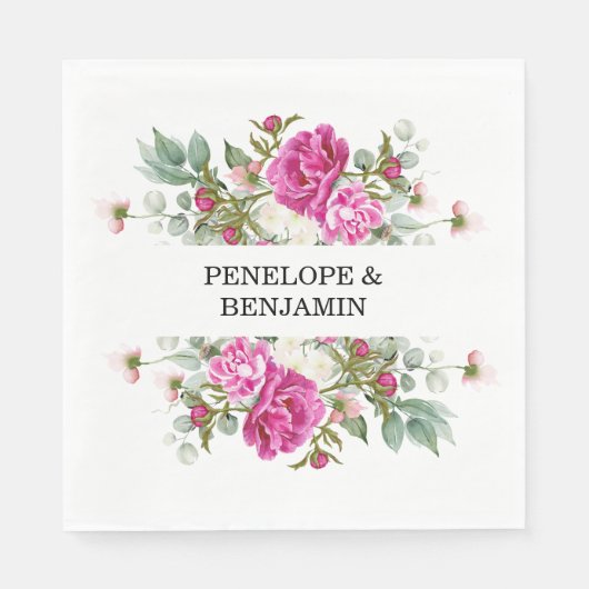 Elegante Roze Pioen Monogram Bruiloft Servet (Voorkant)