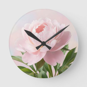 Elegante Roze Pioen Realistische Bloem Ronde Klok