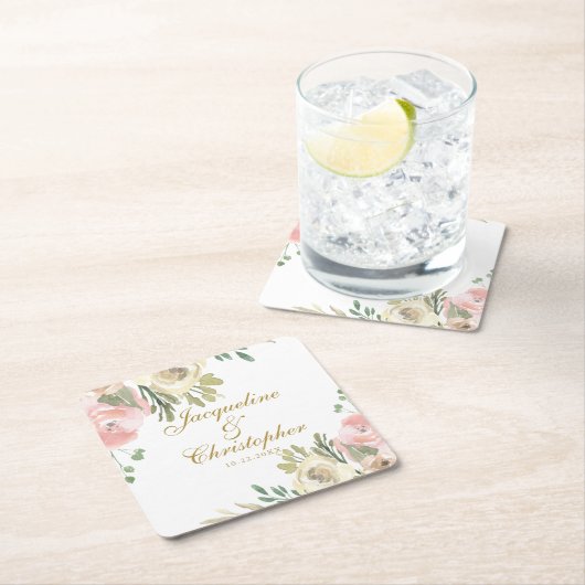 Elegante Roze Pioen Roze Gouden Bruiloft Kartonnen Onderzetters (Insitu)