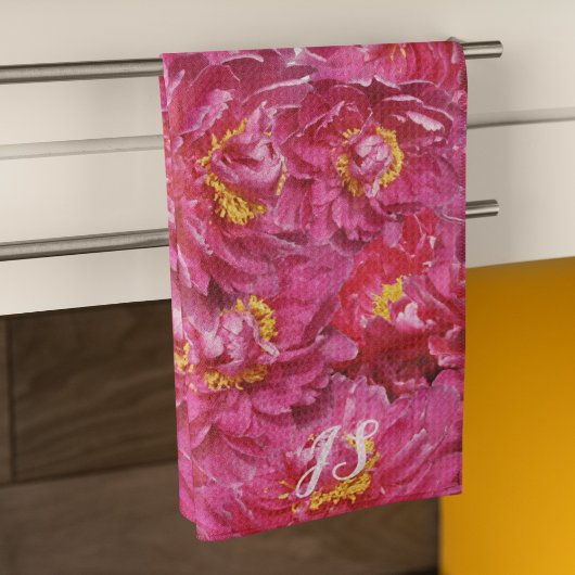 Elegante roze pioen stijlvolle kalligrafie monogra theedoek