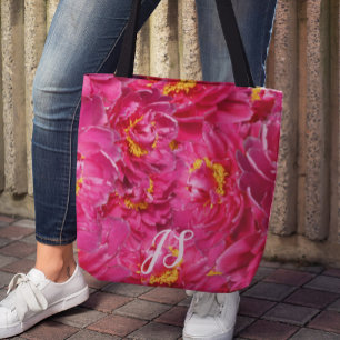 Elegante roze pioen stijlvolle kalligrafie monogra tote bag