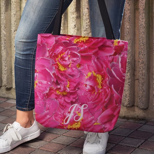 Elegante roze pioen stijlvolle kalligrafie monogra tote bag