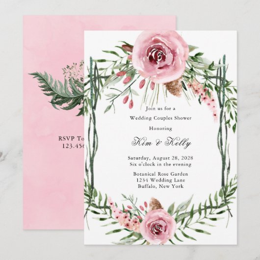 Elegante roze pioen varen bruiloft koppels douche kaart (Voorkant / Achterkant)