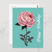 Elegante Roze Pioen Verjaardag Groen Briefkaart (Voorkant / Achterkant)