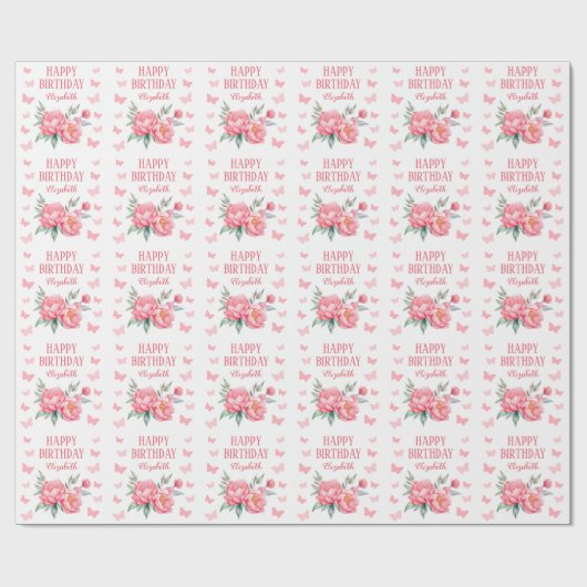 Elegante roze pioen vlinder botanische verjaardag cadeaupapier (Vlak)