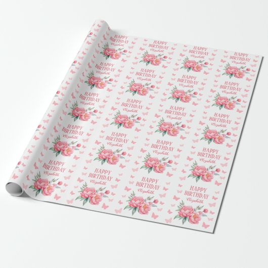 Elegante roze pioen vlinder botanische verjaardag cadeaupapier (Uitgerold)