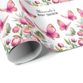 Elegante roze pioen & vlinders meisje Baby shower Cadeaupapier (Rol Hoek)