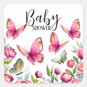 Elegante roze pioen & vlinders meisje Baby shower Vierkante Sticker