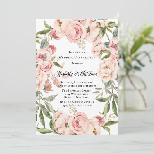 Elegante Roze Pioen Waterverf Bloemen Bruiloft Kaart (Staand voorkant)