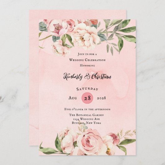 Elegante roze pioen Waterverf bruiloft viering Kaart (Voorkant / Achterkant)