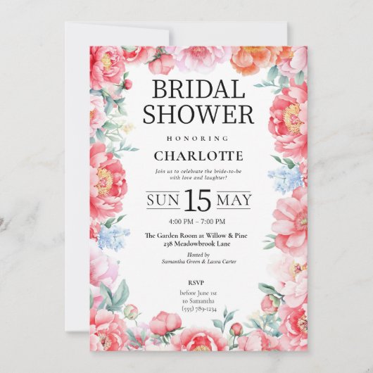 Elegante Roze Pioenbloem Bruids Douche Uitnodiging (Voorkant)