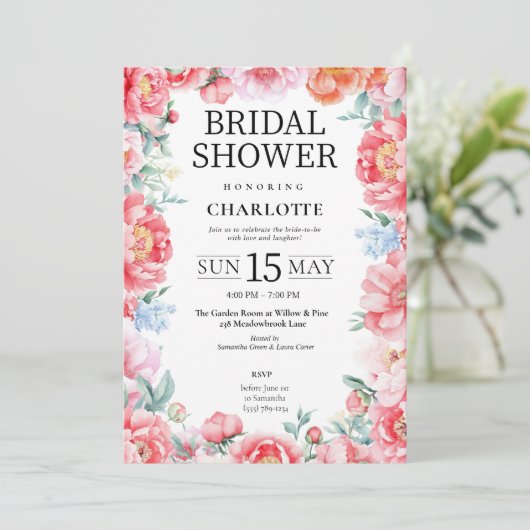 Elegante Roze Pioenbloem Bruids Douche Uitnodiging (Staand voorkant)