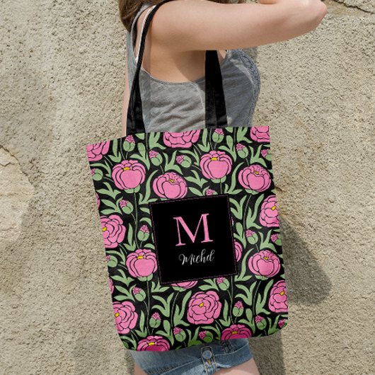 Elegante roze pioenbloemen gepersonaliseerd tote bag