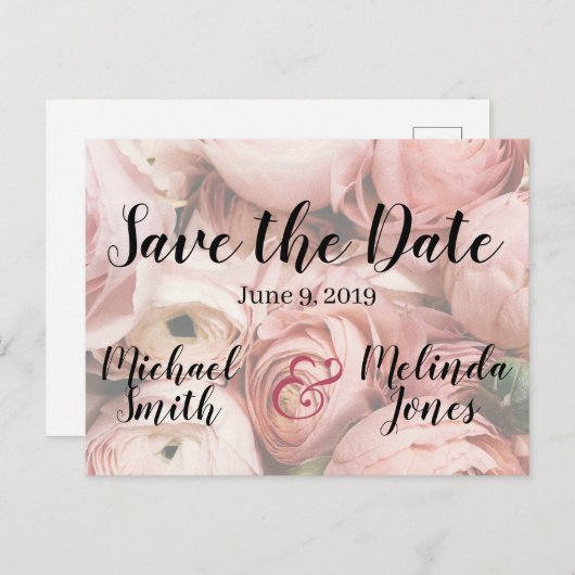 Elegante Roze Pioenbruiloft Save the Date Briefkaart (Voorkant / Achterkant)