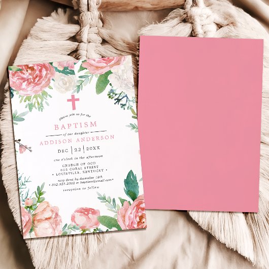 Elegante roze pioenen kruisen botanische doop kaart