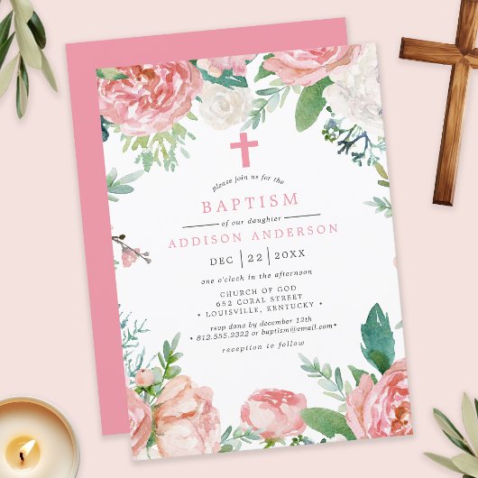 Elegante roze pioenen kruisen botanische doop kaart