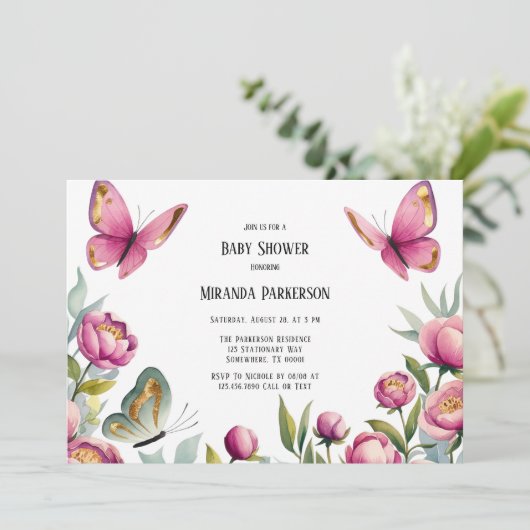 Elegante roze pioenen & vlinder meisje Baby shower Kaart (Staand voorkant)