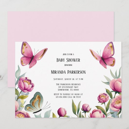 Elegante roze pioenen & vlinder meisje Baby shower Kaart (Voorkant / Achterkant)