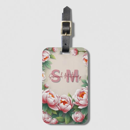 Elegante roze pioenroos bloemen en weelderige groe bagagelabel (Voorkant (verticaal))