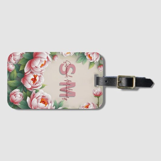 Elegante roze pioenroos bloemen en weelderige groe bagagelabel (Voorkant (horizontaal))